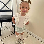 Jersey is registered to the contest to win money with this photo: black_chair, bows, casual, child, cute, floor, hair_buns, happy, indoors, knee_socks, mint_skirt, person, portrait, smiling, sneakers, standing, tile_floor, toddler, wall, white_top