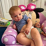 Jameson is registered to the contest to win money with this photo: baby, blue_shirt, child, curious, diaper, doll, door, eyes, face, feet, furniture, hand, indoor, minnie_mouse, pink_chair, polka_dot, relaxed, room, soft_toy, stuffed_toy