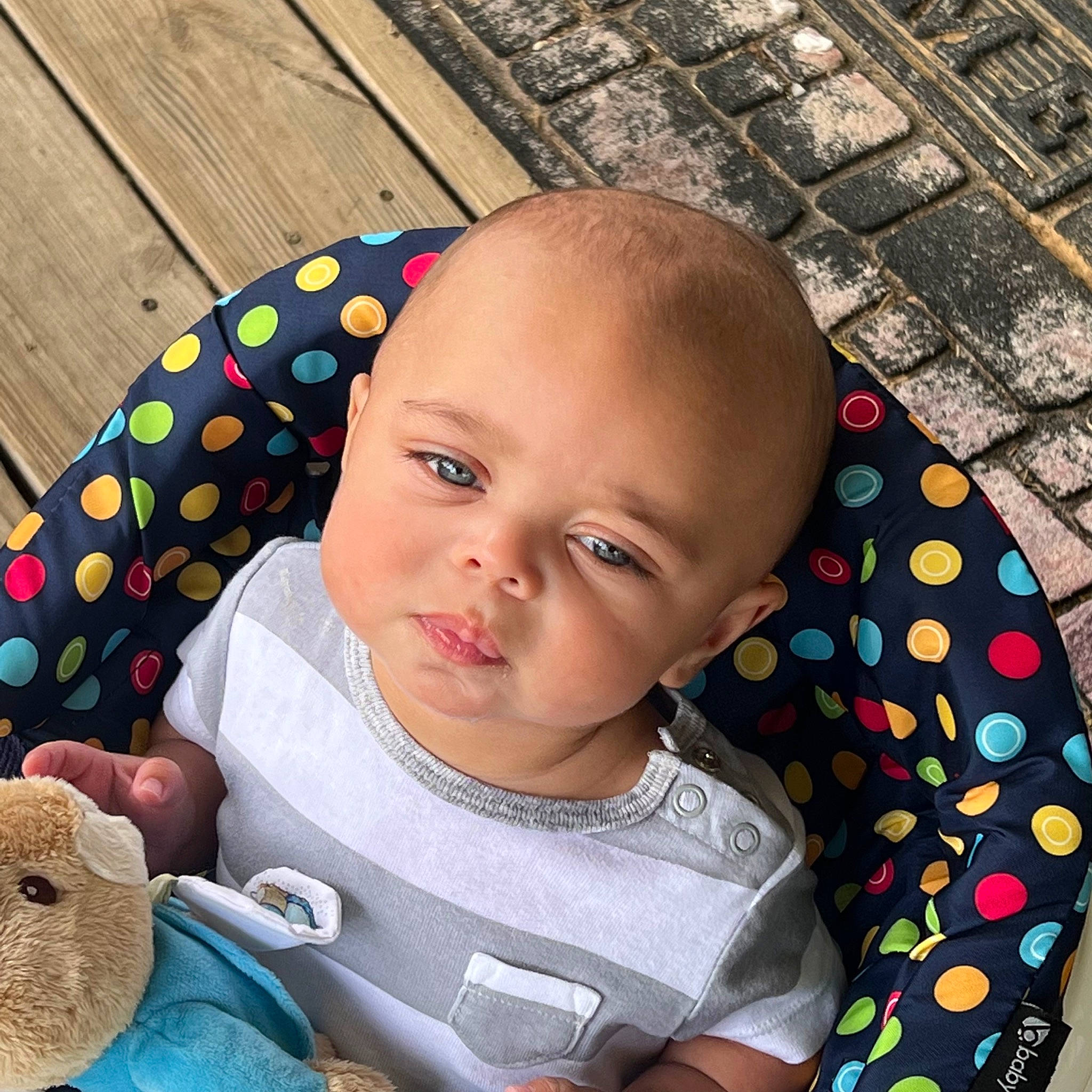 Dylane joined the competition — help win amazing prizes! baby, baby_toddler_clothing, beauty, cheek, child, cool, eye, happy, head, iris, morning, nose, organ, pattern, person, photograph, skin, sleeve, smile, t_shirt