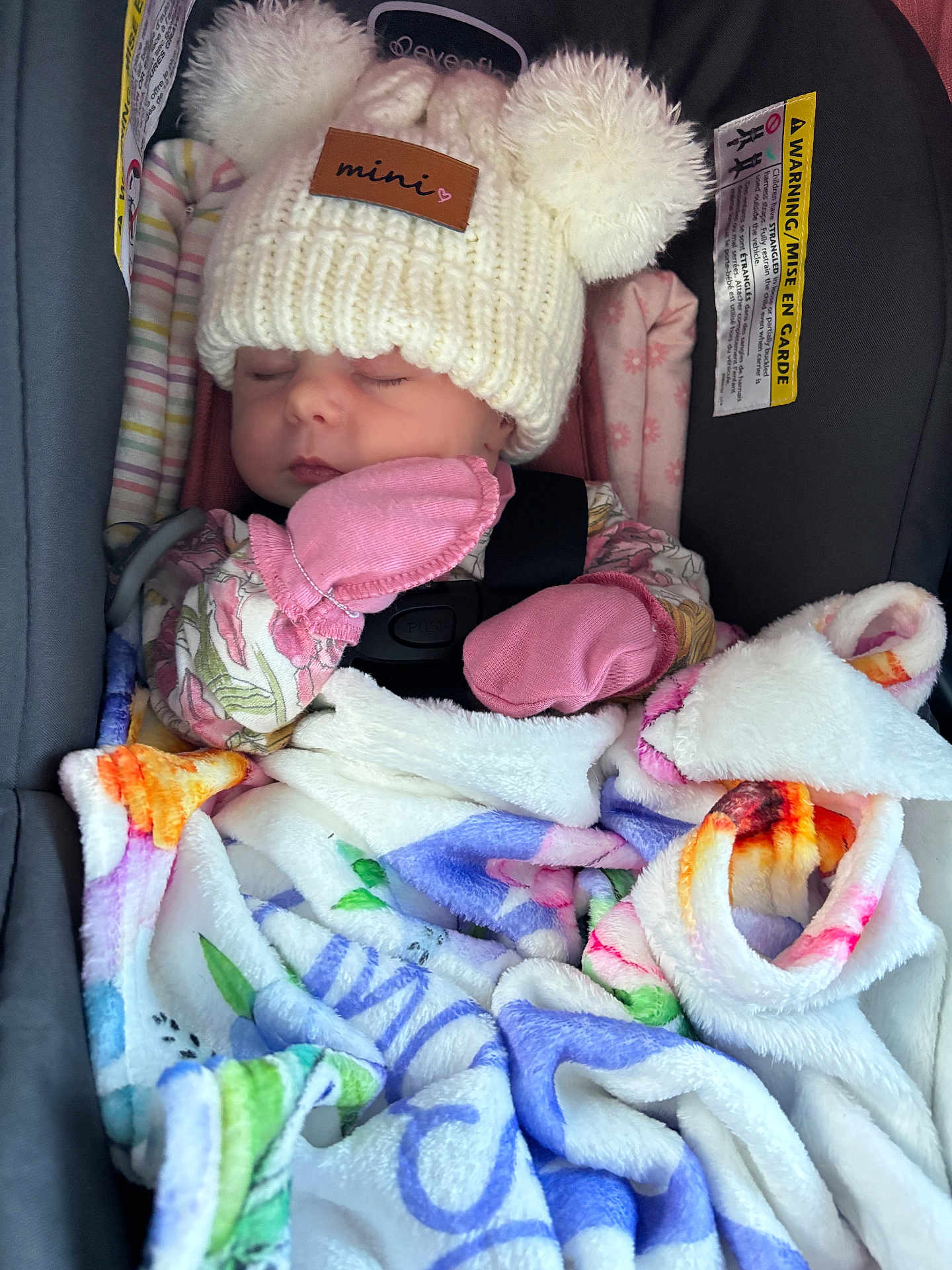 Wyndsor joined the competition — help win amazing prizes! baby, sleeping, car_seat, hat, mittens, blanket, cozy, infant, pink, white, fluffy, soft, cute, child, bundle, warm, face, resting, clothing, indoor