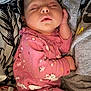 baby, blanket, cozy, cushion, cute, fabric, face, floral_pattern, hand, indoors, infant, peaceful, person, pink_clothing, portrait, relaxing, resting, sleeping, soft_lighting, young_child