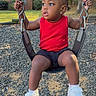 child, toddler, baby, swing, playground, outdoor, portrait, sitting, curious, serious_expression, red_shirt, black_shorts, white_shoes, pigtails, natural_light, suburban, trees, house, gravel, playtime