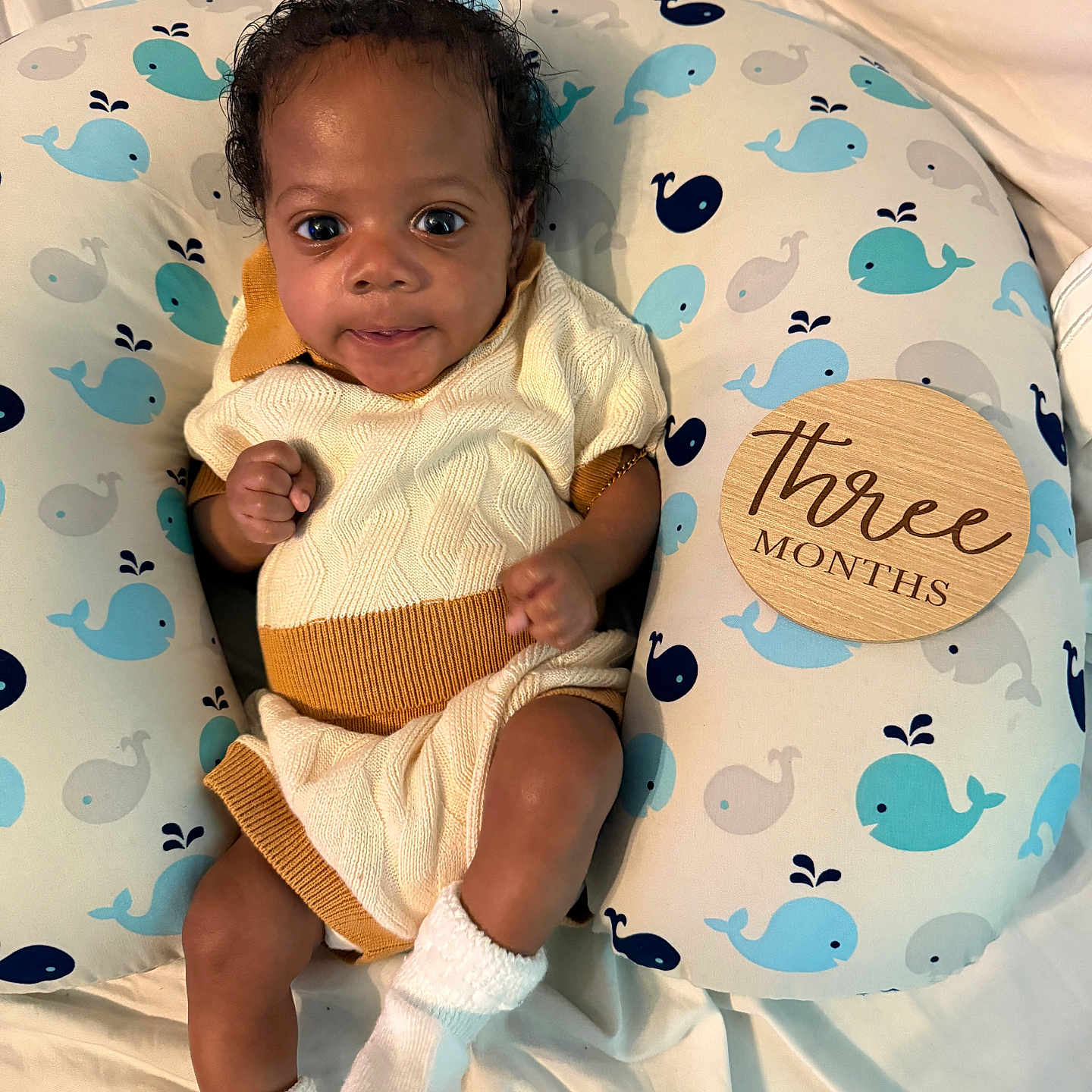 Nash joined the competition — help win amazing prizes! baby, baby_clothes, bright_eyes, child, comfortable, cozy, curly_hair, cushion, cute, indoor, infant, knitwear, lying_down, portrait, small_hands, smiling, soft_blanket, three_months, whale_pattern, white_socks