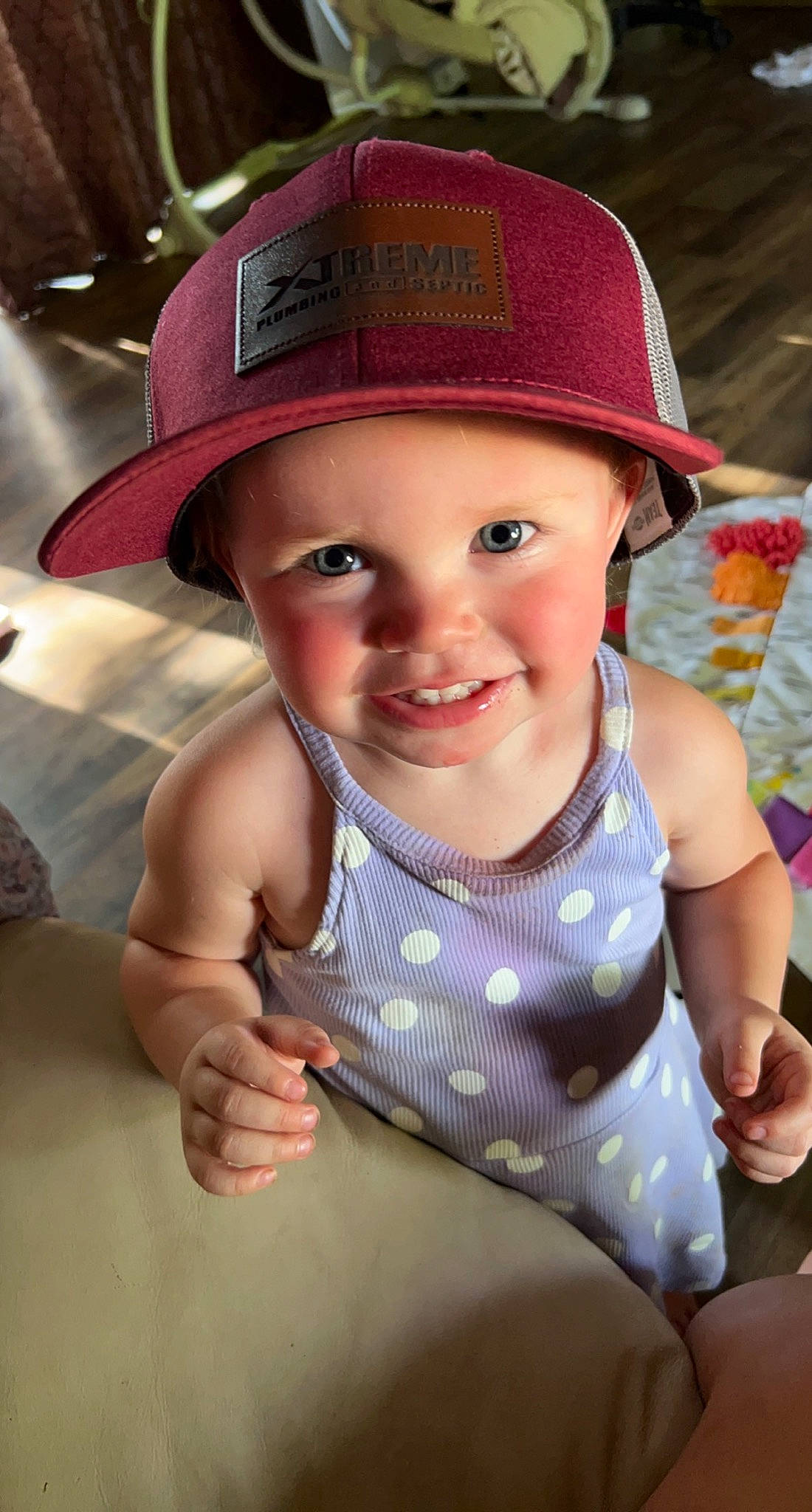 Gracelyn is registered to the contest to win money with this photo: baby, baby_toddler_clothing, baseball_cap, cap, eye, face, fun, gesture, happy, hat, head, headgear, headwear, joy, lip, person, pink, red, skin, smile