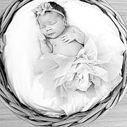 Mikayla Marie joined the competition — help win amazing prizes! newborn, baby, sleeping, basket, flower_headband, tutu, black_and_white, infant, cute, peaceful, soft, portrait, cozy, adorable, child, resting, fabric, wood_floor, delicate, head