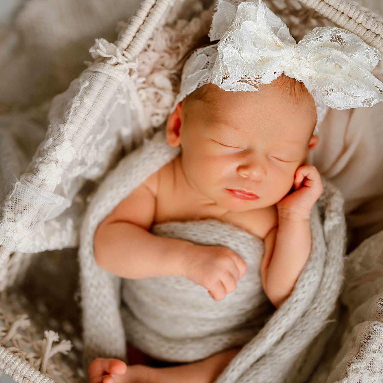Gemma joined the competition — help win amazing prizes! newborn, baby, sleeping, blanket, basket, headband, lace, bow, cozy, soft, wrapped, infant, peaceful, cute, tiny, feet, hand, portrait, indoors, resting