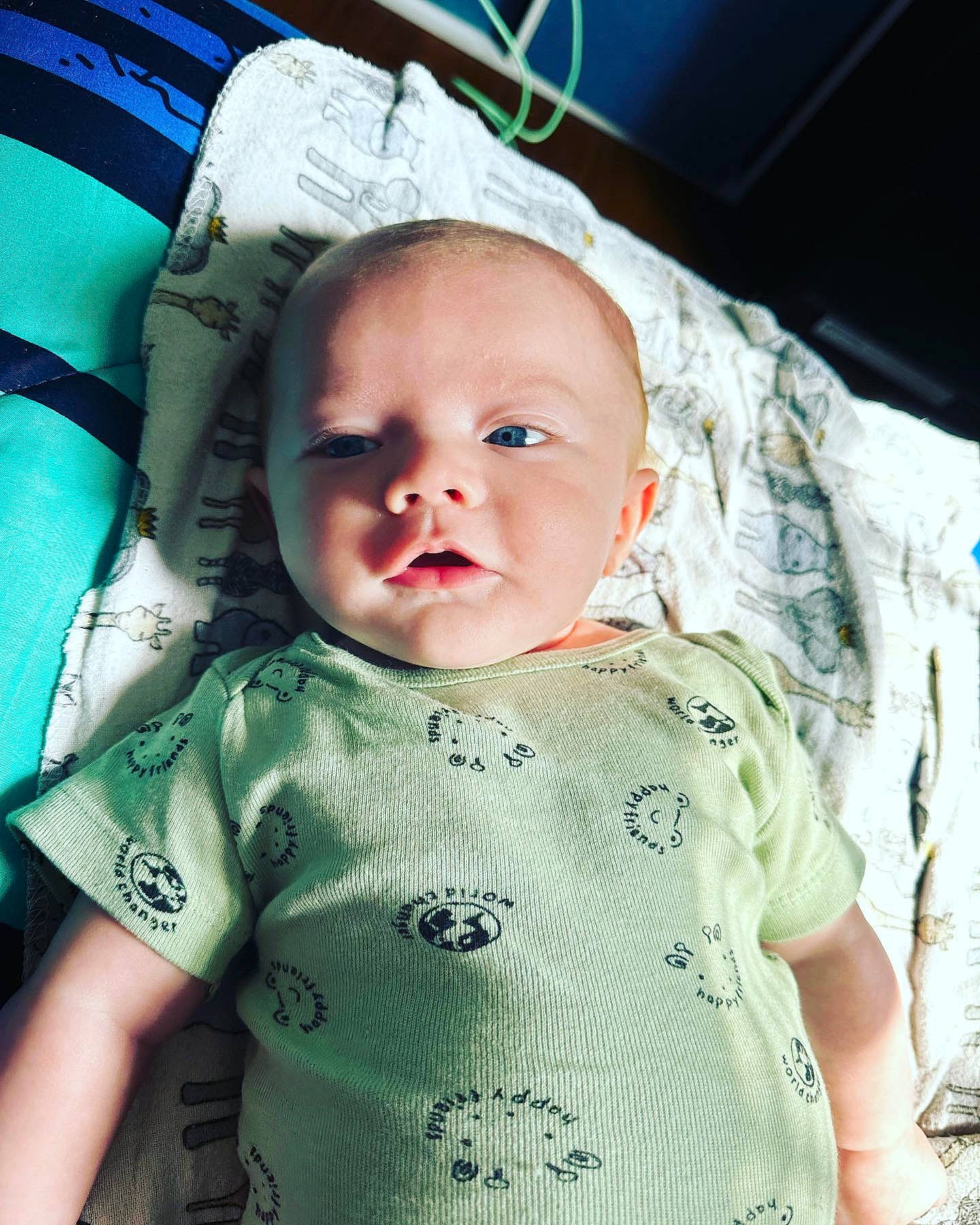 Benjamin joined the competition — help win amazing prizes! baby, baby_toddler_clothing, blue, cheek, child, collar, comfort, cool, eye, grass, iris, linens, lip, mouth, nose, pattern, person, skin, sleeve, t_shirt