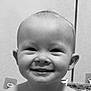 baby, smiling, face, teeth, indoor, child, portrait, happy, head, skin, eyes, expression, cheeks, human, infant, cute, monochrome, closeup, messy, background