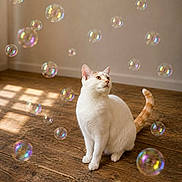 Loulou participe au concours pour gagner de l'argent avec cette photo : animal, bubbles, cat, closeup, curious, domestic_cat, feline, floating_bubbles, indoor, light_reflection, natural_light, orange_tail, pet, playful, quiet_moment, relaxed, sitting, soft_light, white_cat, wooden_floor
