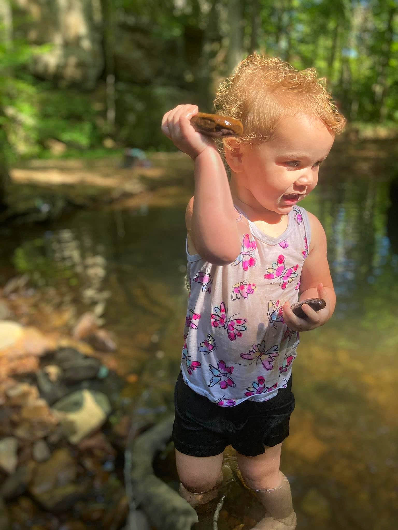 Mariah joined the competition — help win amazing prizes! blond, forest, fun, grass, hair, hairstyle, happy, leaf, leisure, people_in_nature, person, plant, recreation, shoulder, sportswear, stream, swimwear, t_shirt, toddler, vertebrate