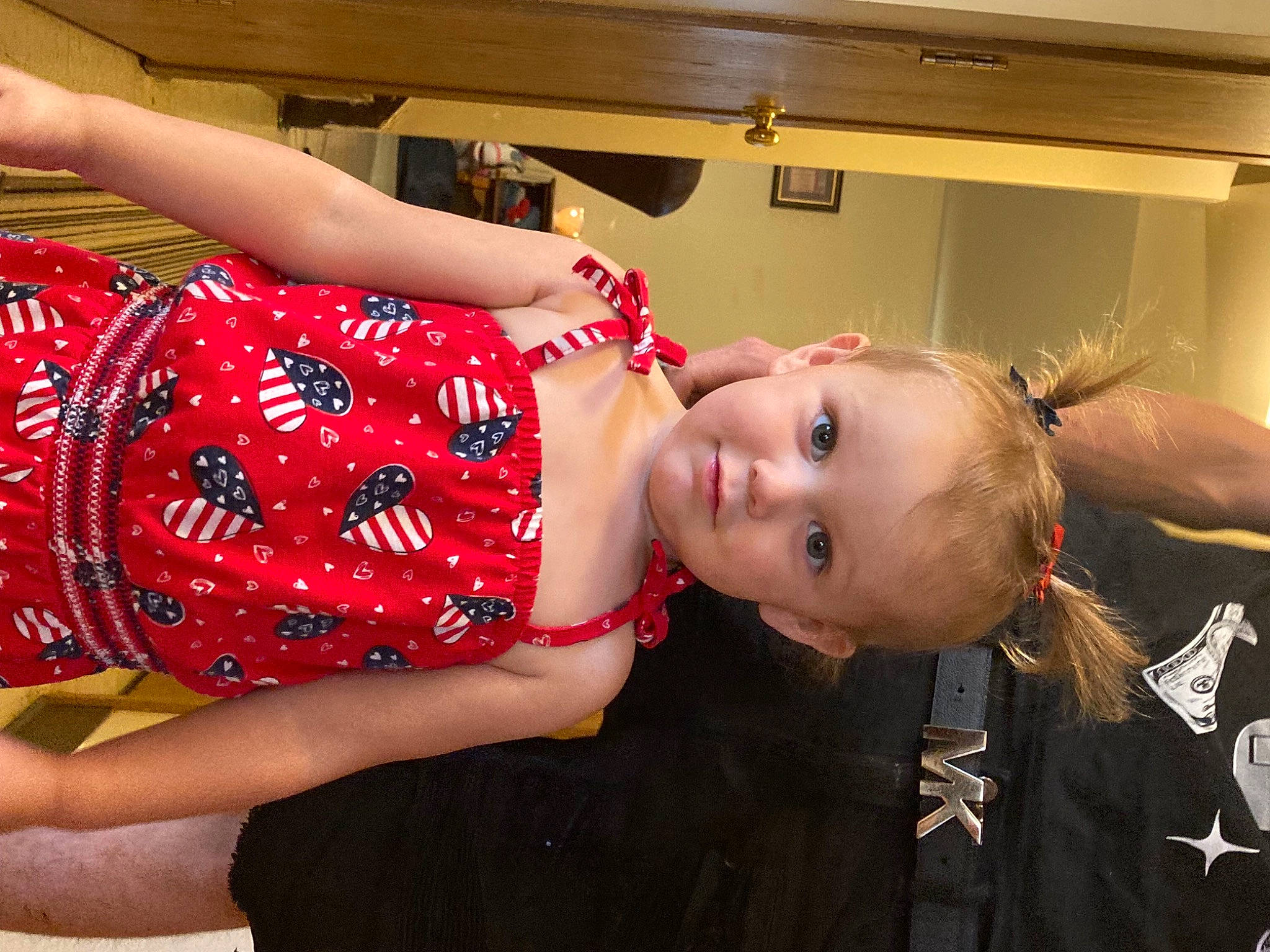 Mariah is registered to the contest to win money with this photo: baby, baby_toddler_clothing, cabinetry, elbow, flash_photography, flooring, fun, happy, human_body, human_leg, joint, kitchen, pattern, person, refrigerator, smile, textile, thigh, toddler, trunk