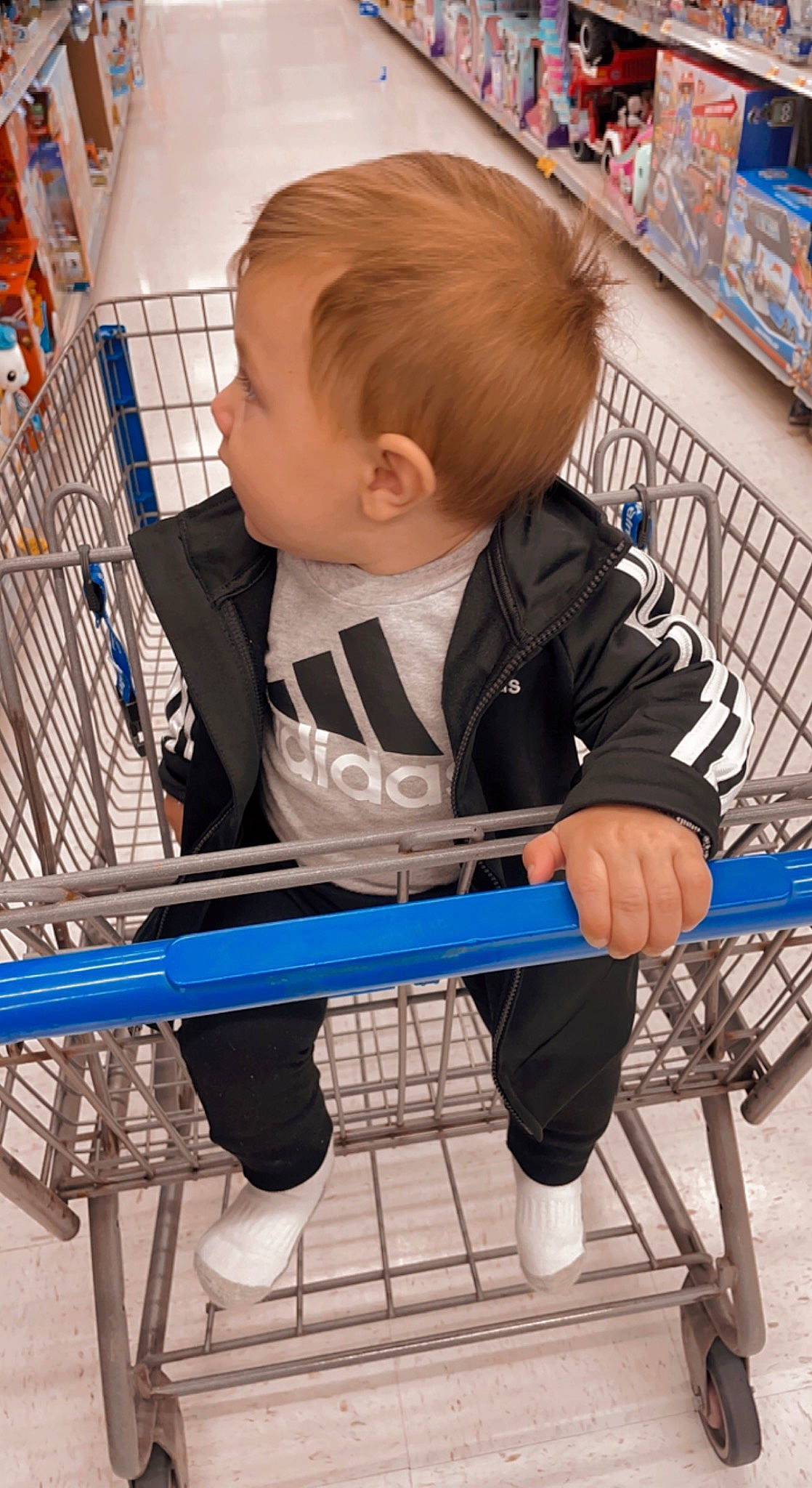 Brooks is registered to the contest to win money with this photo: baby, baby_products, baby_safety, baby_toddler_clothing, blue, cart, child, customer, electric_blue, fun, person, retail, service, shelf, shopping, shopping_cart, sleeve, standing, t_shirt, tire