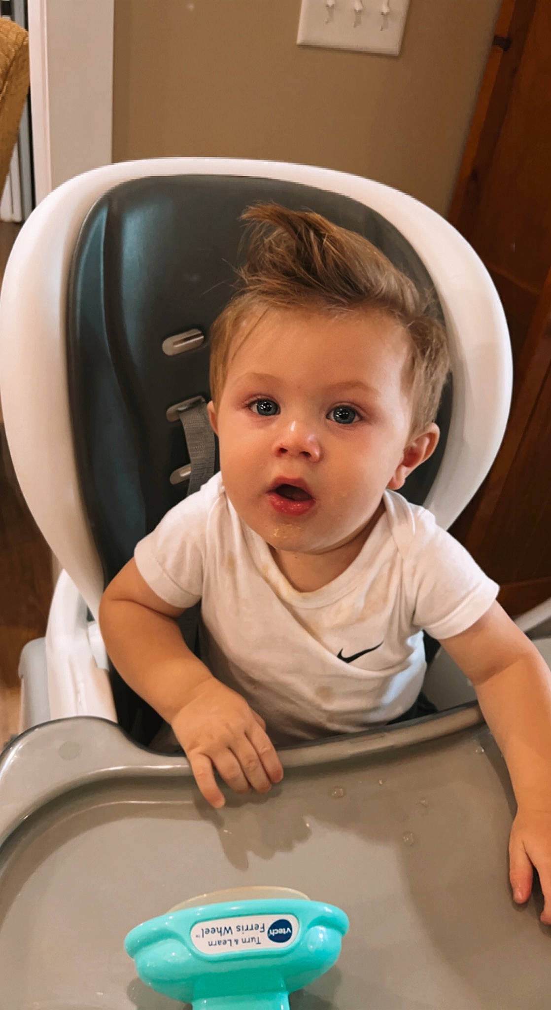 Brooks is registered to the contest to win money with this photo: arm, baby, baby_products, baby_safety, baby_toddler_clothing, beauty, cheek, child, chin, comfort, fun, hairstyle, human_body, mouth, person, room, sitting, skin, sleeve, surprise