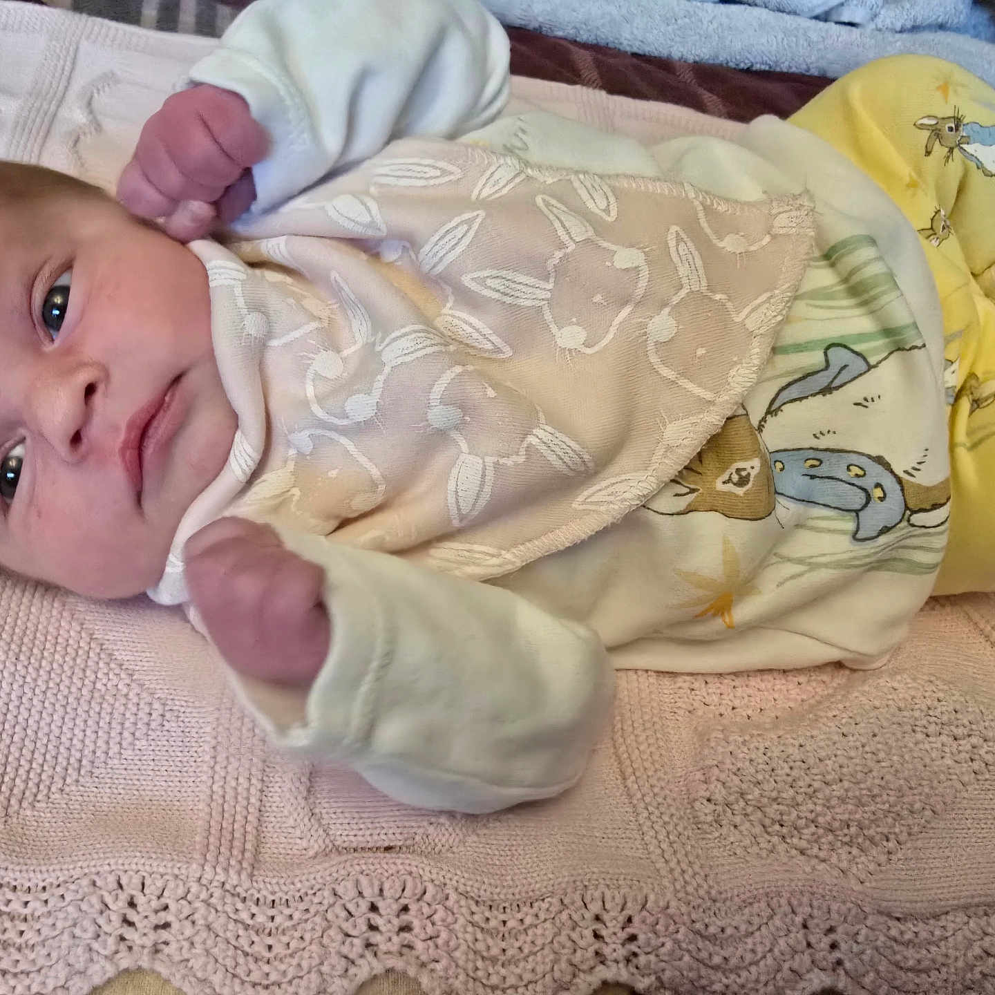 Freyja is registered to the contest to win money with this photo: animal_print, baby, blanket, bunny, clothing, cute, face, fist, indoors, infant, knitted, lying_down, newborn, pajamas, person, portrait, resting, sleepwear, soft_texture, young_child