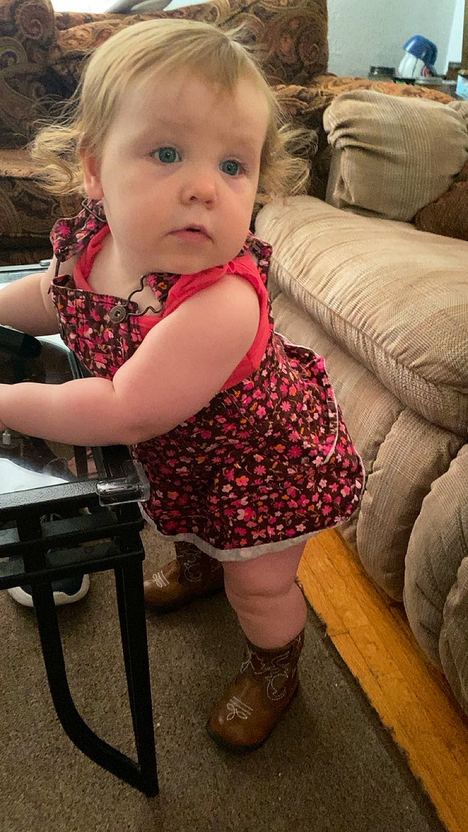 Mila joined the competition — help win amazing prizes! baby, baby_toddler_clothing, beauty, child, couch, face, hairstyle, happy, human_leg, iris, joint, knee, lip, pattern, person, skin, sleeve, sock, standing, thigh