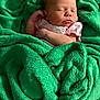 baby, newborn, sleeping, blanket, green_blanket, soft_texture, infant, wrapped, pink_clothing, peaceful, cozy, portrait, closeup, cute, human, child, resting, warm, indoor, baby_skin