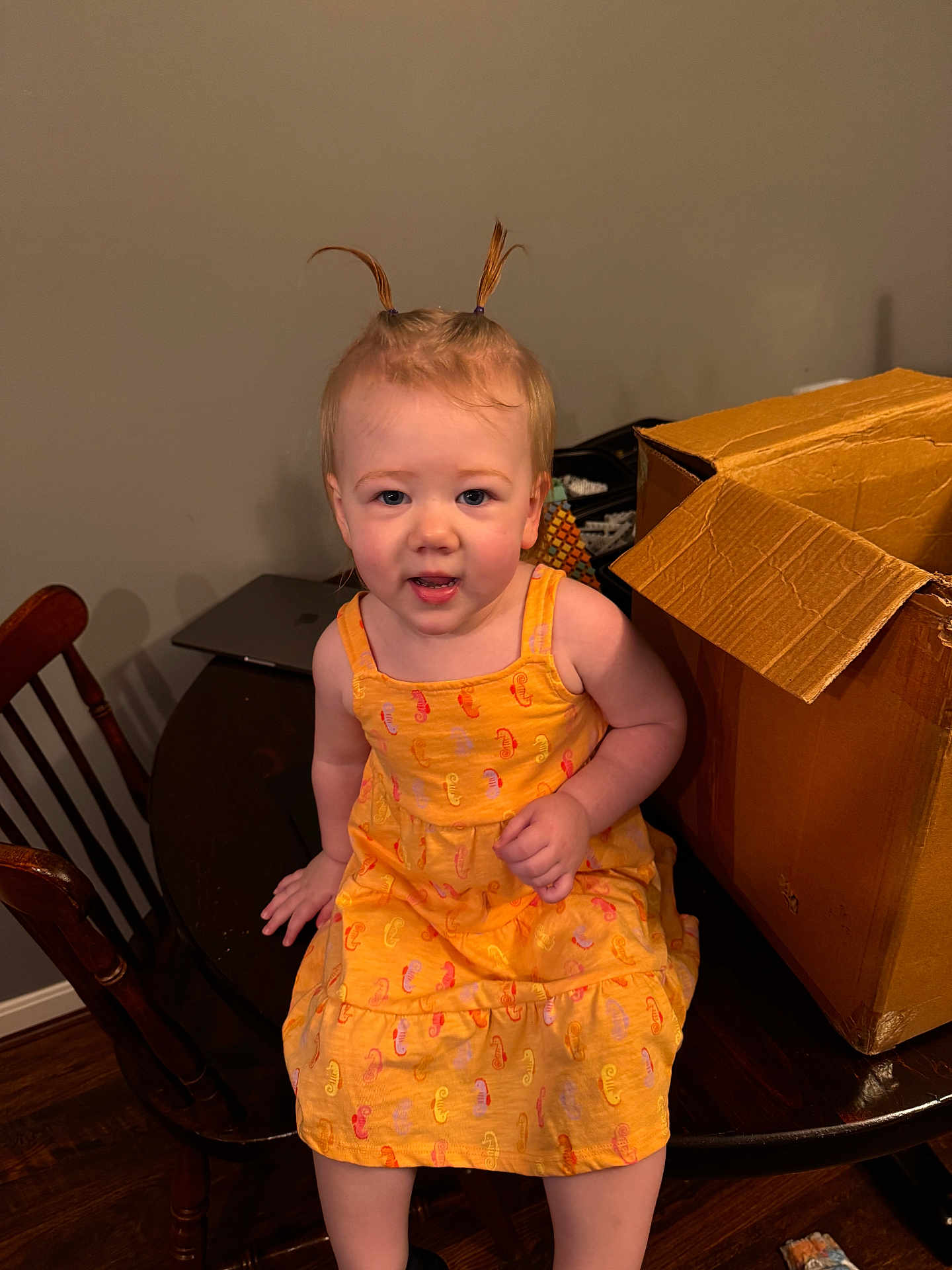 Blakely Parsons joined the competition — help win amazing prizes! toddler, child, girl, orange_dress, pigtails, table, cardboard_box, wooden_chair, indoor, curious_expression, hair_ties, floor, furniture, person, young_child, home, seated, looking_at_camera, short_hair, smiling