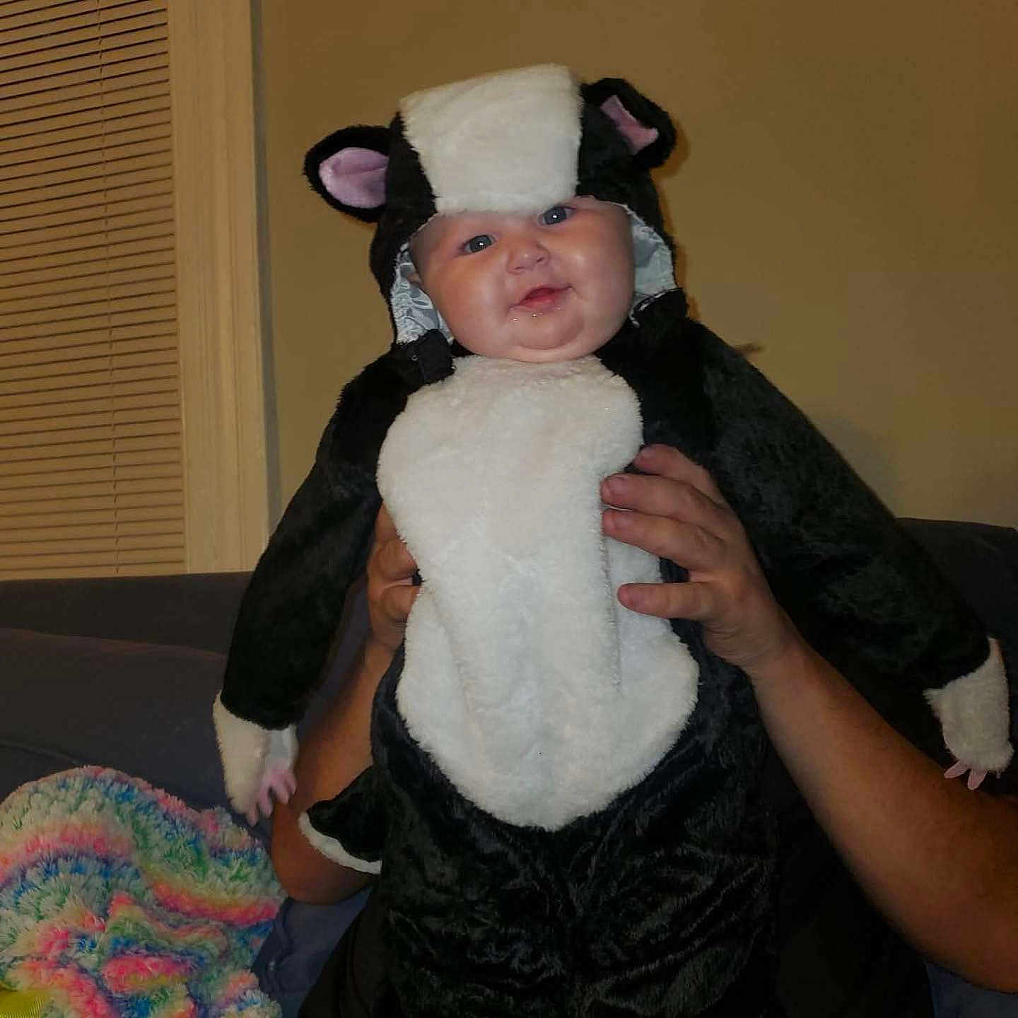 Arya joined the competition — help win amazing prizes! baby, black_and_white, blanket, child, costume, couch, cute, face, funny, hands, happy, holding, home, indoor, infant, person, plush, portrait, skunk_costume, smiling