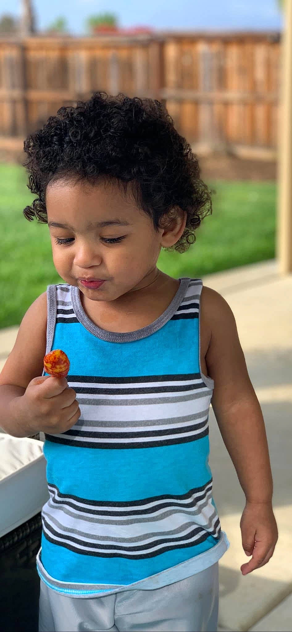 Kendrick joined the competition — help win amazing prizes! baby, baby_toddler_clothing, beauty, blue, child, hairstyle, hand, happy, joint, leisure, neck, person, photograph, shoulder, sleeve, sleeveless_shirt, standing, summer, t_shirt, toddler