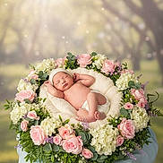 Eden participe au concours pour gagner de l'argent avec cette photo : newborn, baby, sleeping, flowers, roses, hydrangeas, greenery, cushion, wreath, nature, outdoor, soft_light, portrait, peaceful, infant, hat, diaper, floral_arrangement, blurred_background, resting