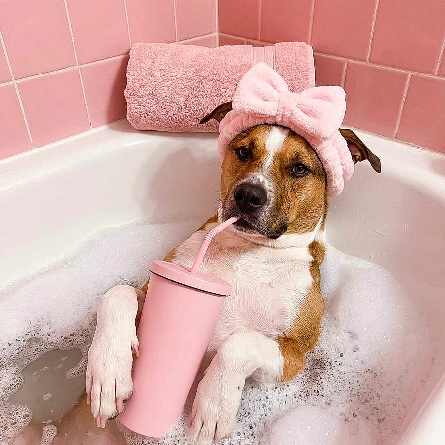 Girl Girl--gg joined the competition — help win amazing prizes! animal, bath_time, bathtub, brown_and_white_dog, bubble_bath, cute, dog, headband, indoor, pampered, pet, pink_cup, pink_theme, pink_tiles, pink_towel, relaxed, spa, straw, water, white_bubbles