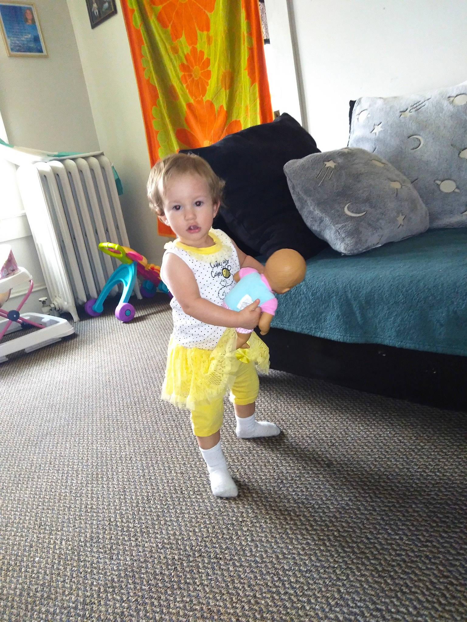 Amarah joined the competition — help win amazing prizes! baby, child, costume, floor, flooring, fun, person, play, room, toddler, vacation, yellow