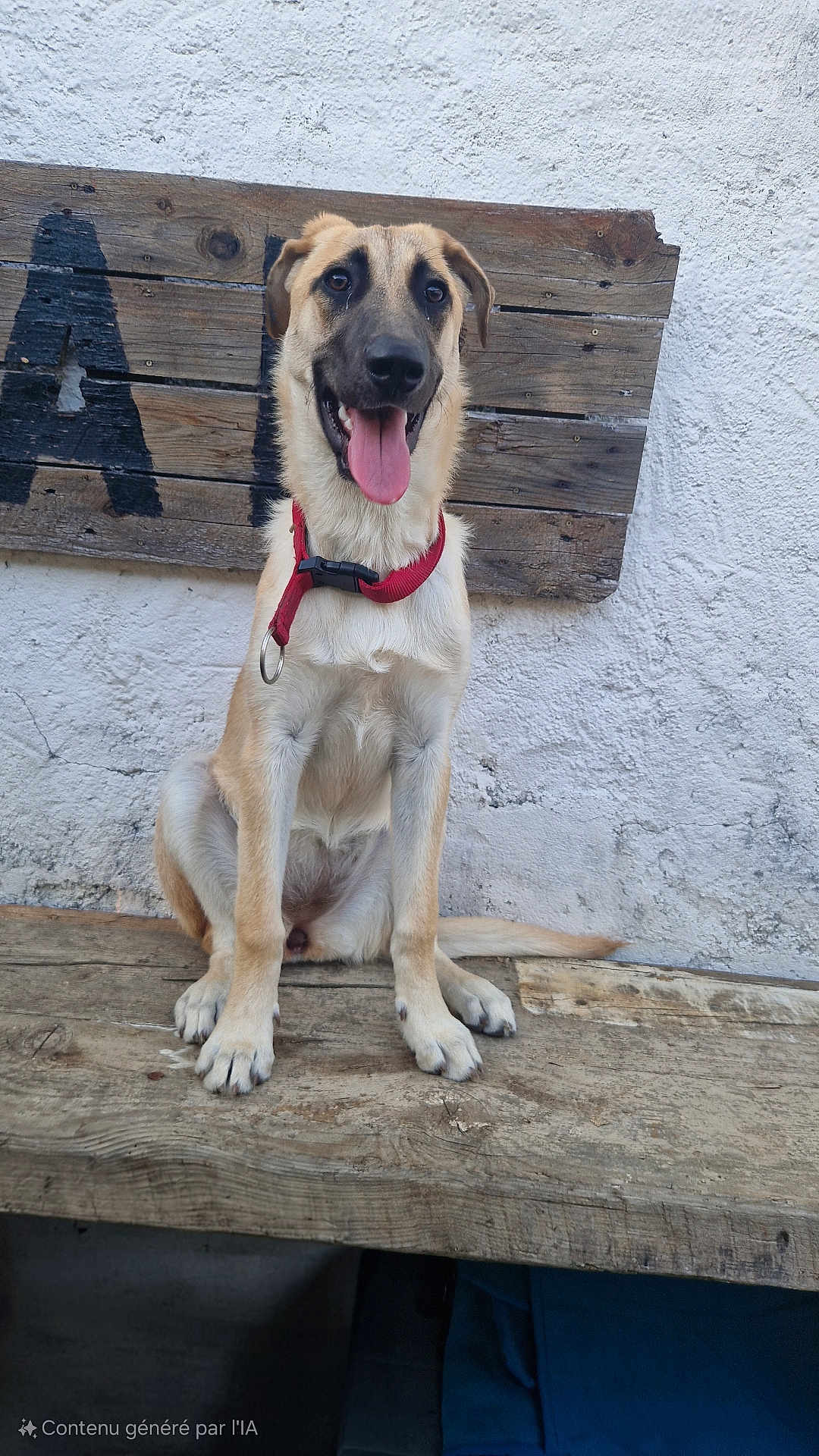 Aïka participe au concours pour gagner de l'argent avec cette photo : dog, canine, pet, sitting, bench, wooden_bench, red_collar, tongue_out, happy, outdoor, wall, textured_wall, wooden_sign, fur, paws, ears, snout, animal, companion, portrait