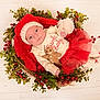 baby, basket, berries, celebration, child, christmas, clothing, cozy, cute, festive, gingerbread, greenery, holiday, infant, plush_toy, portrait, red_hat, red_tutu, white_floor, wreath