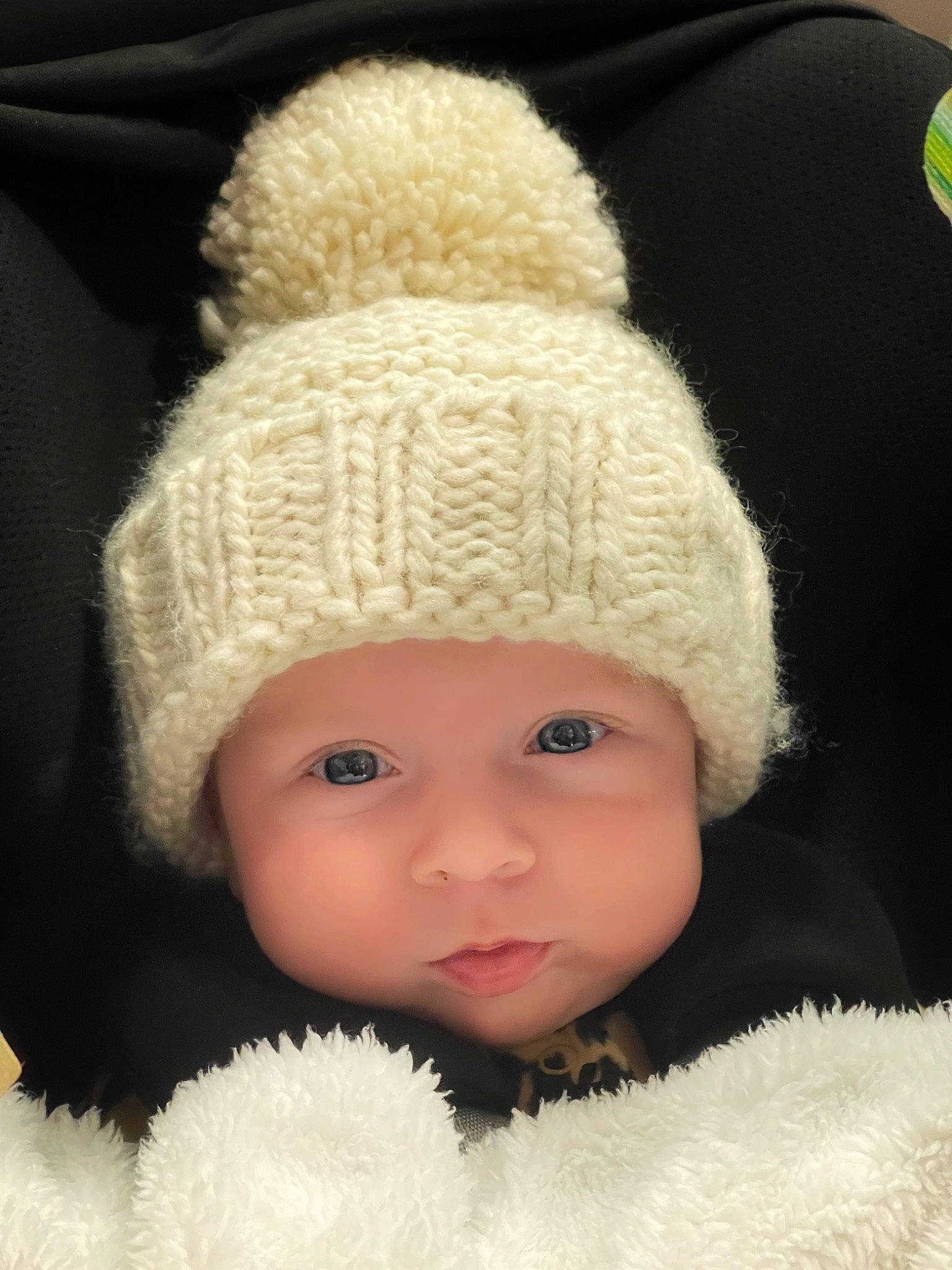 Peighton joined the competition — help win amazing prizes! baby, baby_toddler_clothing, cap, cheek, eye, eyebrow, face, fur_clothing, head, headgear, headwear, iris, knit_cap, lip, nose, outerwear, person, skin, toddler, white