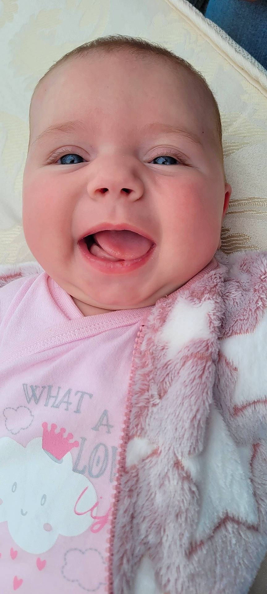 Bonnie-Rae joined the competition — help win amazing prizes! baby, blanket, blue_eyes, cheeks, child, close_up, clothing, cute, expression, face, fuzzy, happy, indoors, infant, mouth_open, pink_clothing, portrait, smiling, soft_texture, star_pattern