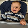 baby, child, high_chair, smile, striped_sweater, happy, indoor, face, hand, person, furniture, modern, living_room, cozy, cute, young_child, portrait, seated, expression, casual