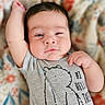 Stiles is registered to the contest to win money with this photo: baby, infant, child, onesie, gray_clothing, bear_graphic, text_on_clothing, floral_blanket, lying_down, raised_arm, cute_expression, indoor, portrait, soft_lighting, chubby_cheeks, hand, face, head, skin, person