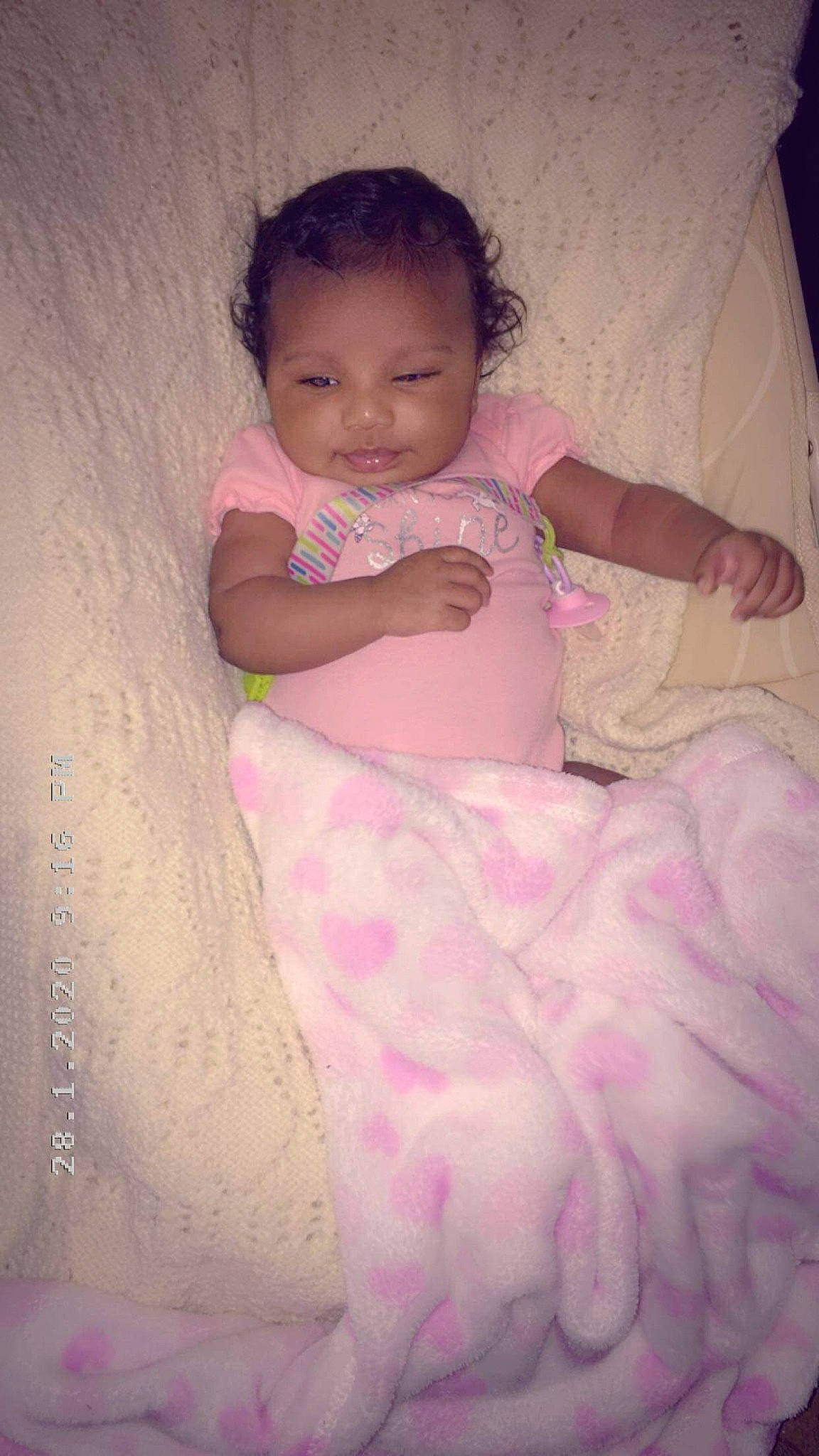 Ali'Onna is registered to the contest to win money with this photo: baby, baby_toddler_clothing, cheek, child, eye, lilac, person, pink, purple, skin, textile, toddler