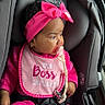 Daelani joined the competition — help win amazing prizes! baby, car_seat, pink_clothing, headband, pacifier, bib, infant, child, graco, safety_harness, car_interior, cute, adorable, seated, portrait, young_child, clothing, baby_girl, indoor, looking_away