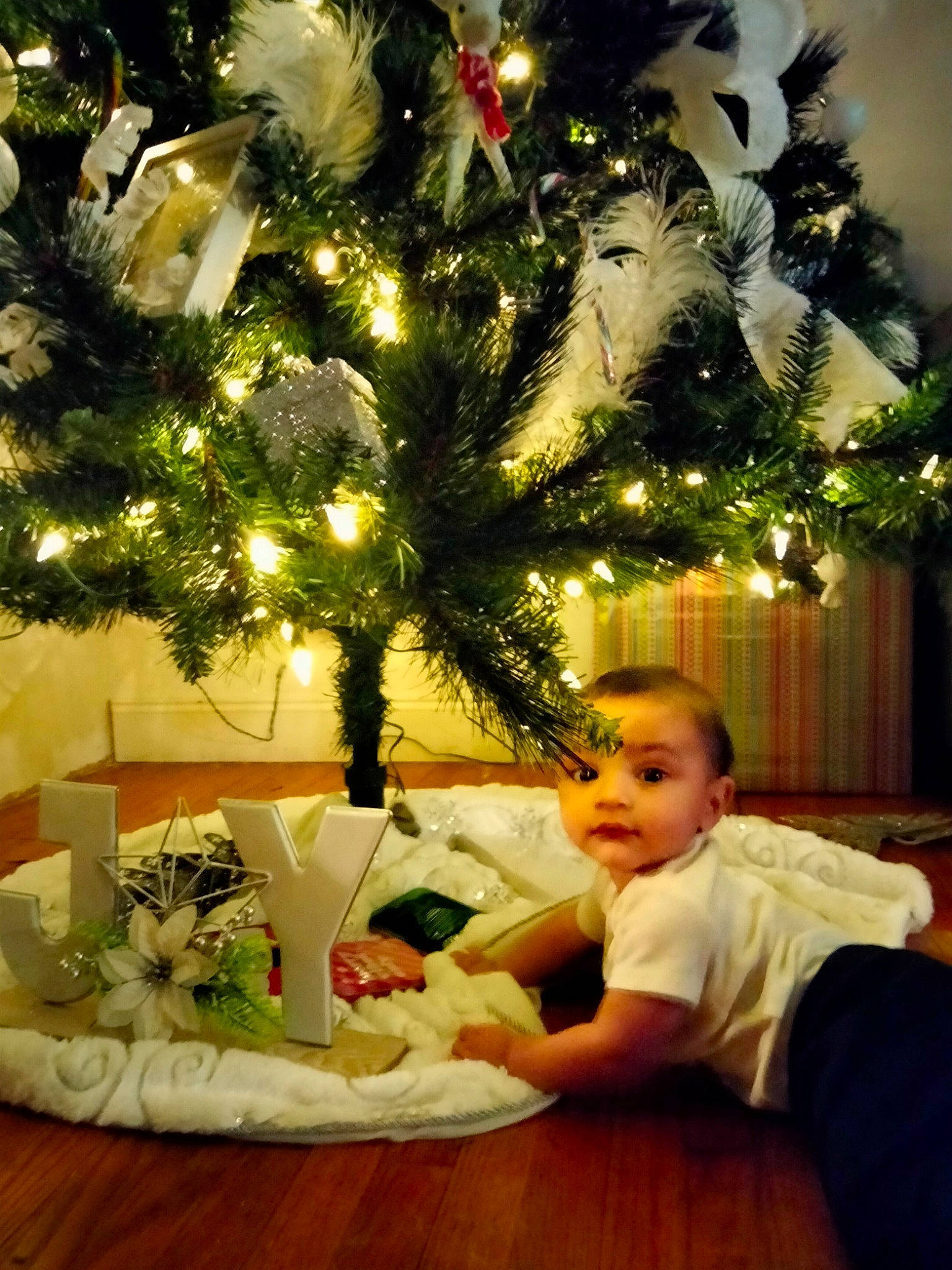 Joel joined the competition — help win amazing prizes! christmas, christmas_decoration, christmas_eve, christmas_ornament, christmas_tree, comfort, decoration, event, evergreen, holiday, holiday_ornament, interior_design, light, living_room, ornament, person, plant, toddler, tree, white