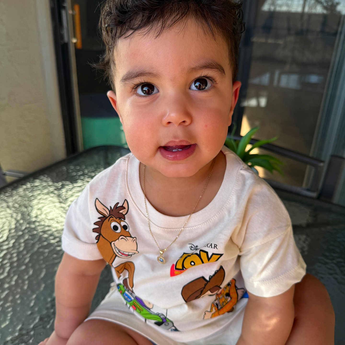 Neithan is registered to the contest to win money with this photo: balcony, big_eyes, bracelet, child, close_up, curly_hair, cute, glass_table, hand, happy, indoors_outdoors, necklace, plant, portrait, sitting, smiling, sunlit, toddler, toy_story_print, tshirt