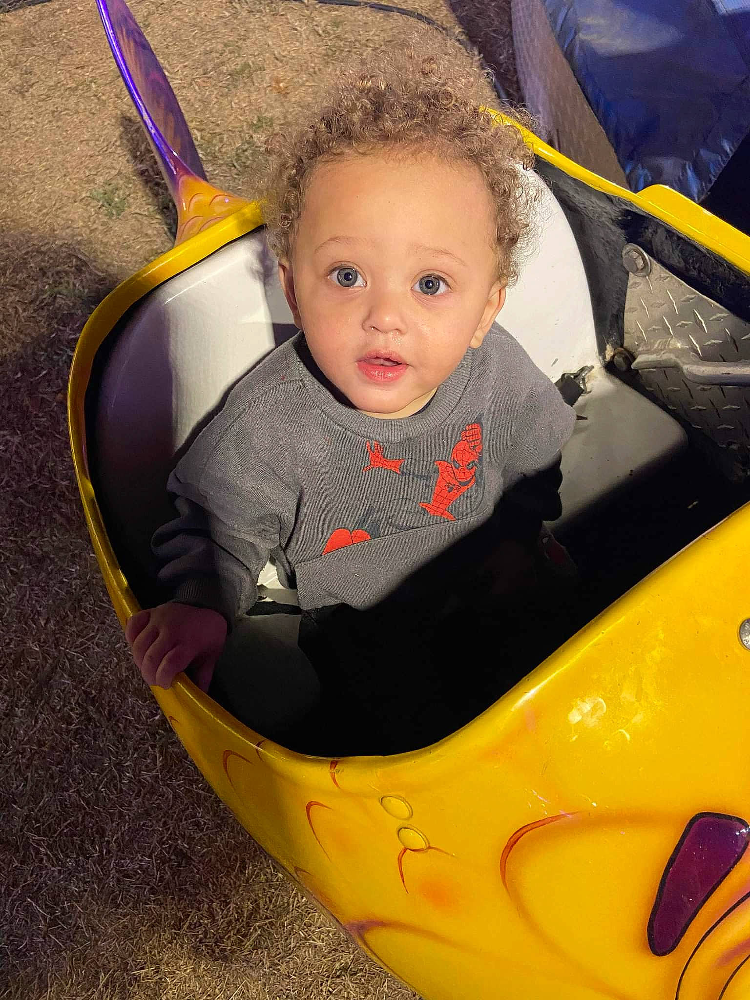 Nehemiah is registered to the contest to win money with this photo: baby, child, eye, face, fun, grass, head, hood, human_body, leisure, motor_vehicle, outdoor_play_equipment, person, plant, playground, recreation, sitting, surprise, swing, toddler