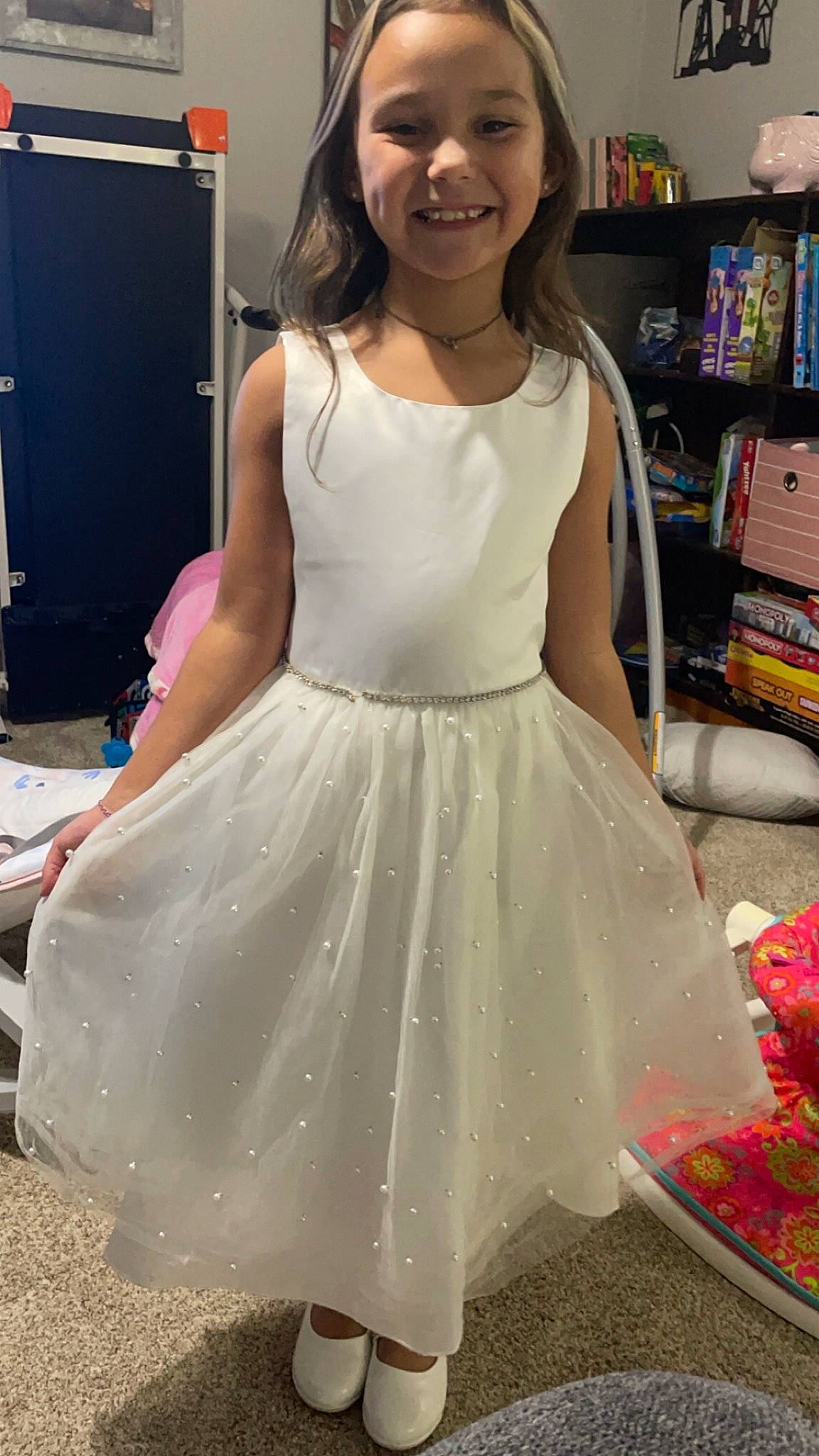 Khloe joined the competition — help win amazing prizes! bookcase, bridal_party_dress, day_dress, dress, event, fashion_design, formal_wear, gown, happy, human_leg, jewellery, joy, long_hair, neck, person, shelf, shelving, shoulder, sleeve, smile