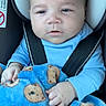 Enzo is registered to the contest to win money with this photo: baby, blanket, blue_blanket, blue_onesie, car_interior, car_seat, child, clothing, cute, face, hand, head, indoor, infant, portrait, safety, seatbelt, sitting, teddy_bear_pattern, young_child
