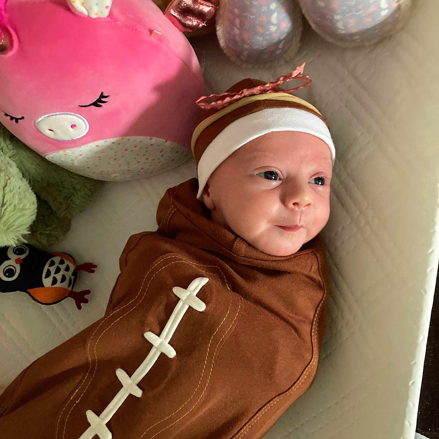 Koraline is registered to the contest to win money with this photo: baby, bow, child, cozy, cute, face, football_blanket, headband, indoors, infant, lying_down, newborn, owl_toy, pink_pig, playtime, plush_toy, quilted_surface, smiling, soft_toys, swaddle