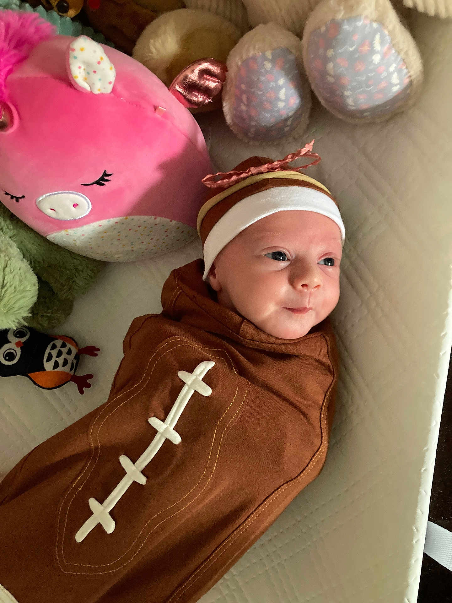 Koraline is registered to the contest to win money with this photo: baby, infant, swaddle, football_blanket, headband, bow, plush_toy, pink_pig, owl_toy, quilted_surface, cute, face, smiling, lying_down, soft_toys, child, indoors, cozy, newborn, playtime