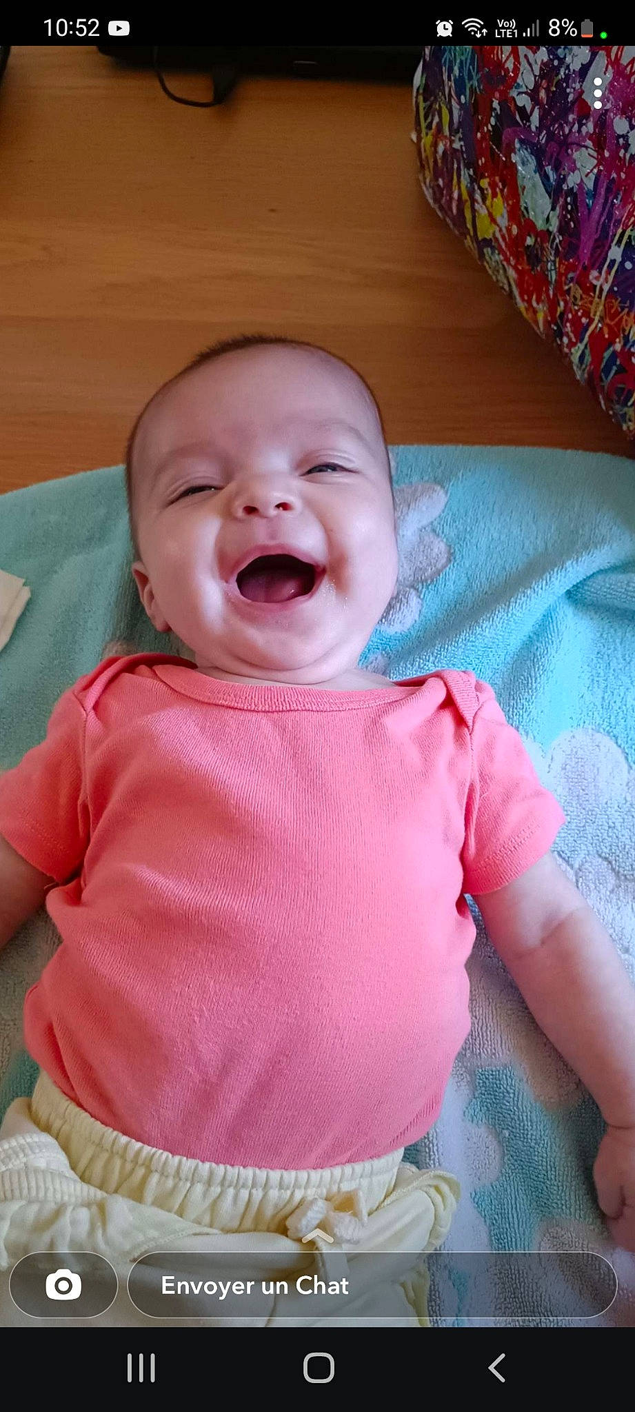 Naëlle participe au concours pour gagner de l'argent avec cette photo : baby, baby_laughing, baby_toddler_clothing, cheek, chin, comfort, eye, face, happy, head, iris, linens, lip, mouth, nose, person, pink, skin, sleeve, smile