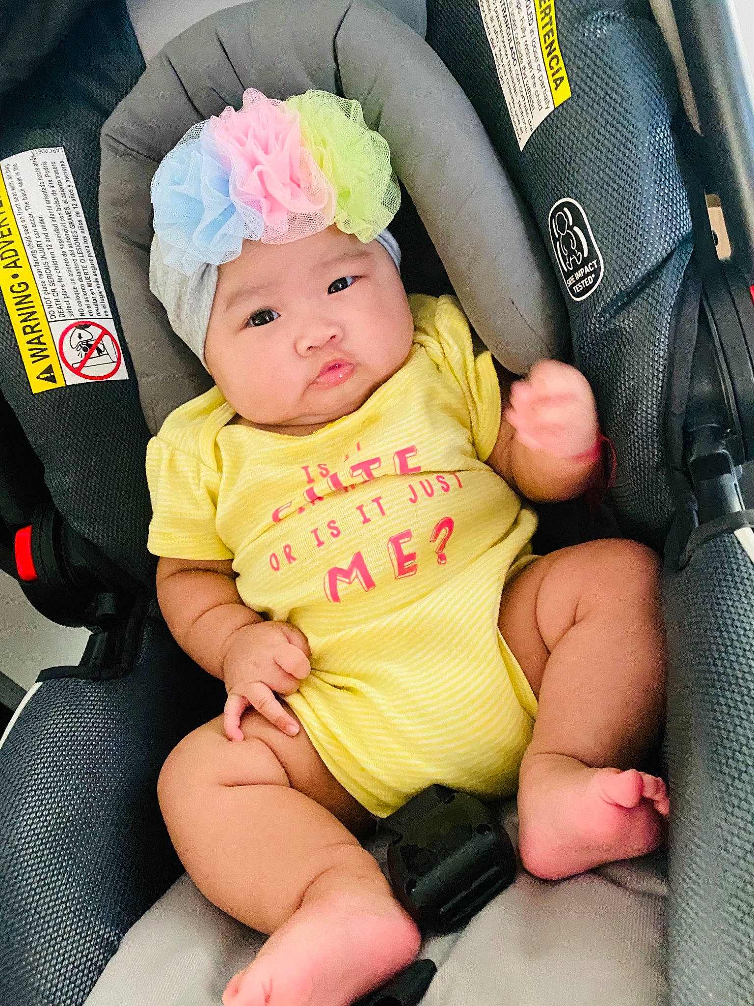 Alya is registered to the contest to win money with this photo: baby, baby_carriage, baby_in_car_seat, baby_safety, baby_sleeping, baby_toddler_clothing, car_seat, chair, cheek, child, comfort, finger, hand, headwear, leg, person, pink, product, thigh, thumb