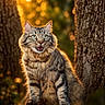 cat, tabby_cat, animal, pet, feline, sitting, open_mouth, whiskers, green_eyes, striped_fur, fluffy, forest, woodland, tree_trunk, tree_stump, outdoors, nature, golden_hour, bokeh, portrait