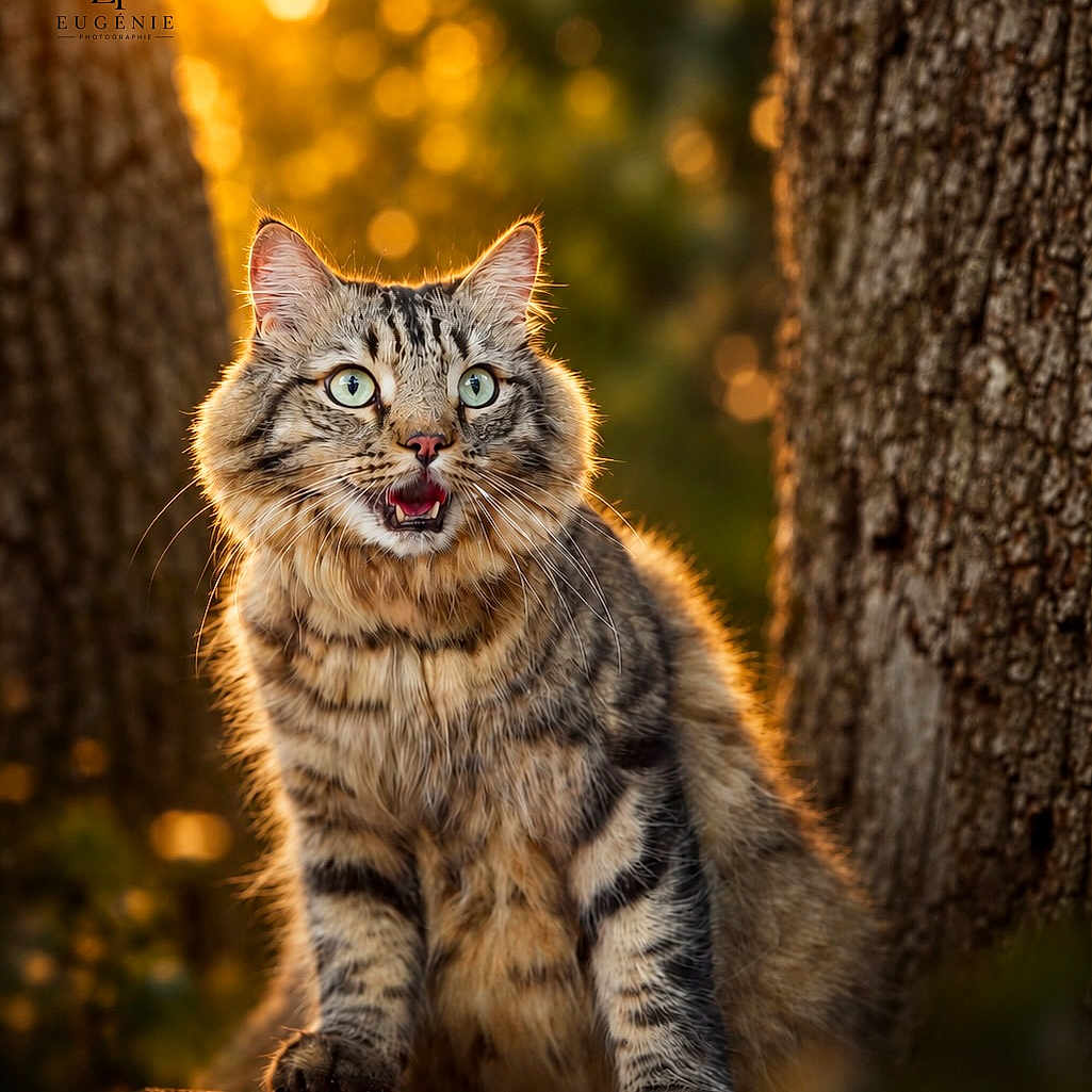 Sangha a rejoint le concours — aidez-le/la à gagner de superbes lots ! cat, tabby_cat, animal, pet, feline, sitting, open_mouth, whiskers, green_eyes, striped_fur, fluffy, forest, woodland, tree_trunk, tree_stump, outdoors, nature, golden_hour, bokeh, portrait