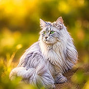Saya participe au concours pour gagner de l'argent avec cette photo : cat, long_hair, fluffy, gray, white, green_eyes, outdoor, forest, nature, foliage, golden_light, bokeh, portrait, sitting, animal, pet, whiskers, ears, tail, photography