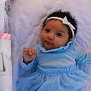 Valerie is registered to the contest to win money with this photo: baby, infant, child, blue_dress, headband, white_background, quilted_surface, laying_down, young_child, cute, portrait, indoors, soft_lighting, smiling, baby_clothes, human, face, hand, expression, adorable