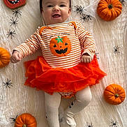 Line participe au concours pour gagner de l'argent avec cette photo : baby, blanket, celebration, child, costume, cute, decorations, festive, halloween, holiday, infant, lying_down, orange, playful, portrait, pumpkin, smiling, spiders, tights, tutu