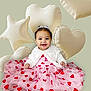 Annalise is registered to the contest to win money with this photo: baby, child, smiling, dress, pink, red_hearts, cardigan, balloons, heart_shaped_balloons, star_shaped_balloon, portrait, cute, happy, sitting, celebration, indoor, tulle, bow, young_child, fashion