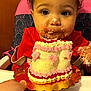 toddler, child, cake, frosting, messy_face, high_chair, red_clothing, pink_frosting, hand, food, celebration, birthday, sweet, cream, cute, indoor, person, face, happy, curly_hair